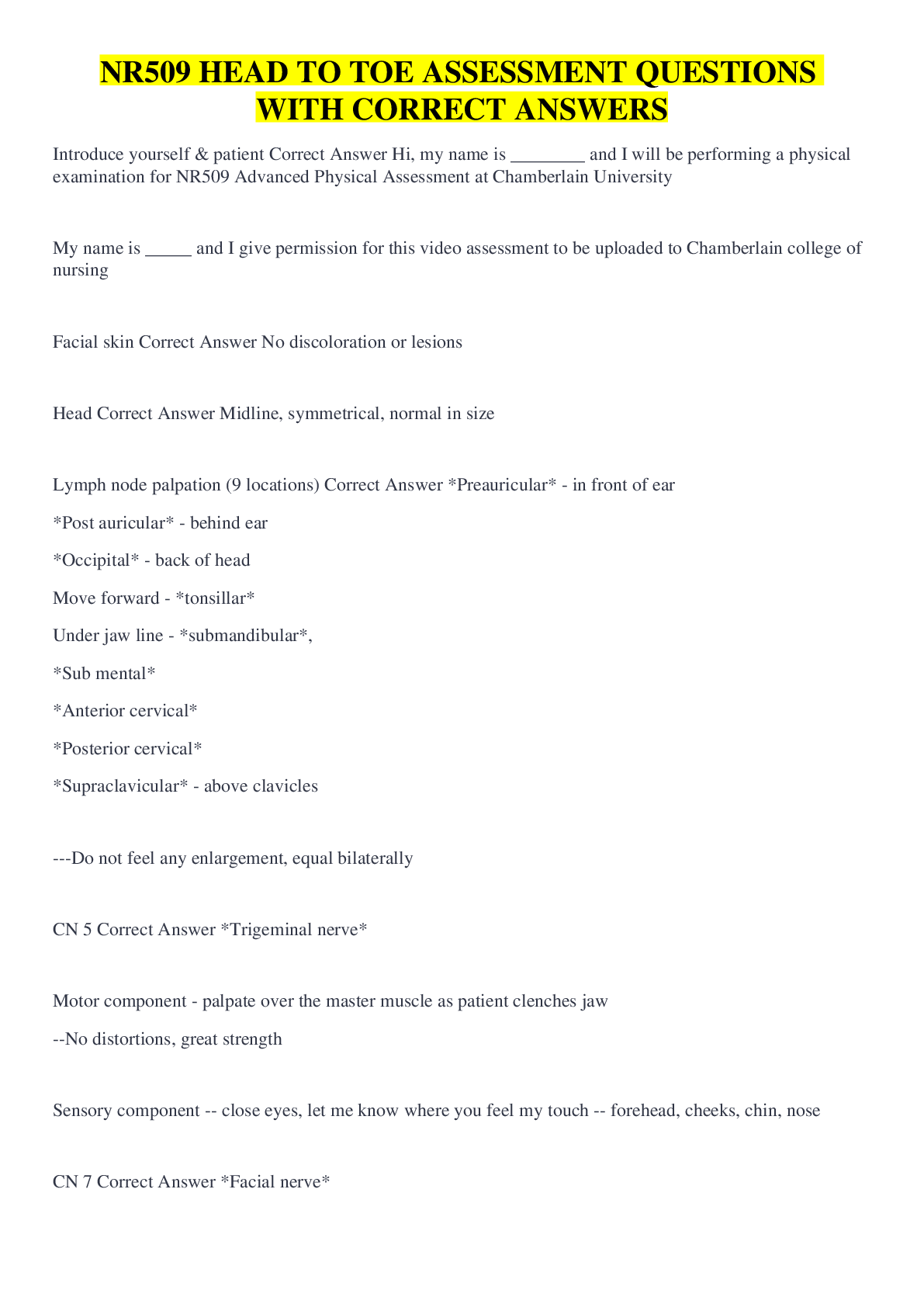 Preview image for NR509 HEAD TO TOE ASSESSMENT QUESTIONS WITH CORRECT ANSWERS